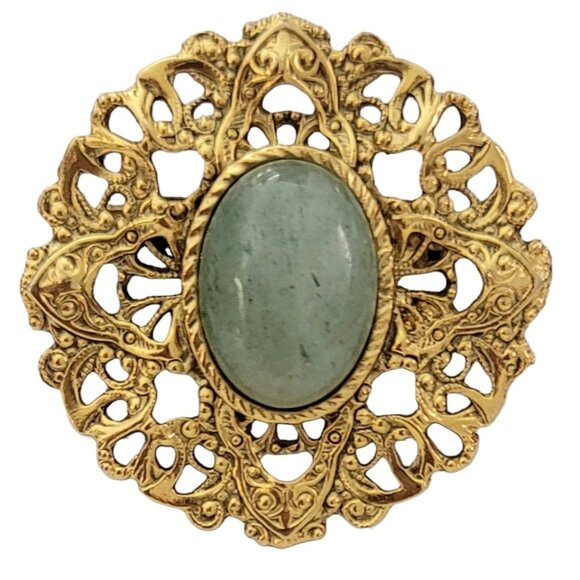 1928 Brand Gold Tone Scalloped Maltese Cross Design Round Aventurine Pin, K646 - Picture 1 of 8